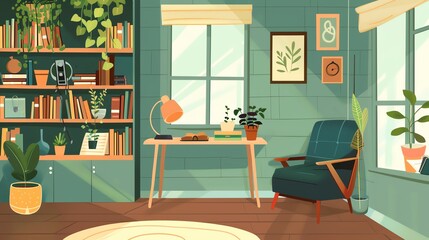 Cozy home office interior with a green armchair, desk, bookshelf, and indoor plants by a window. Comfortable and stylish workspace.