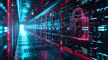 Obraz premium Data center with cybersecurity protection, showcasing digital padlock symbol for data security in a server room.
