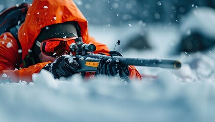 Biathlon skier aiming with rifle in snowy outdoor environment