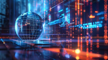 Fototapeta premium Digital globe and data streams represent global technology, innovation, and big data in a futuristic, high-tech environment.