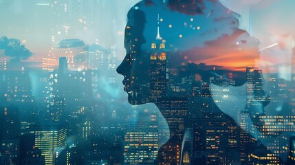 Fototapeta premium Double exposure of a woman's silhouette with an urban cityscape at sunset, symbolizing the connection between humanity and modern urban life.