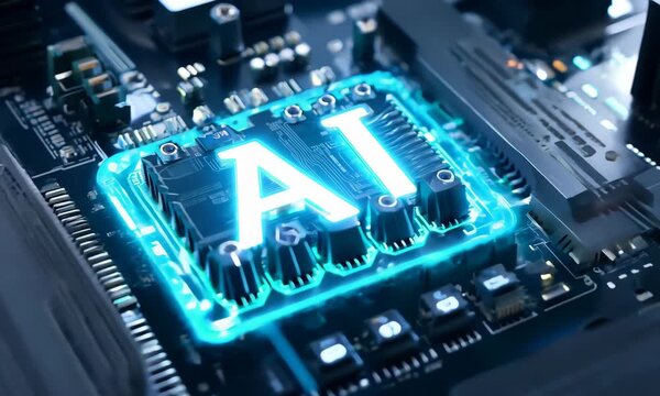 A computer chip with the word AI on it. The chip is black and green