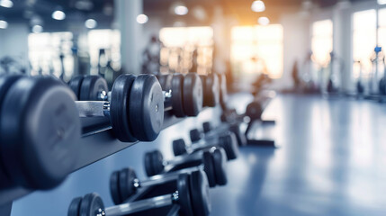 Fototapeta premium Dumbbells and gym equipment in a fitness club or sports center with a blurred background of a modern sports warehouse