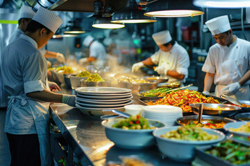 Obraz premium Professional chefs preparing food in a busy restaurant kitchen