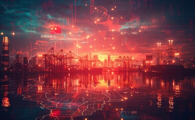 Fototapeta premium Hong Kong Cityscape with Red Sky and Digital Overlays