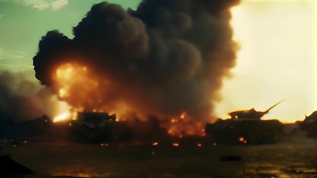 A soldier bravely runs across a war-torn battlefield between tanks, dodging explosions and debris as the sky burns orange and black