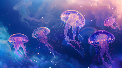Obraz premium Glowing Jellyfish Lanterns: Translucent jellyfish float gracefully in the sky, their tentacles glowing softly against a gradient of deep ocean blues and purples.