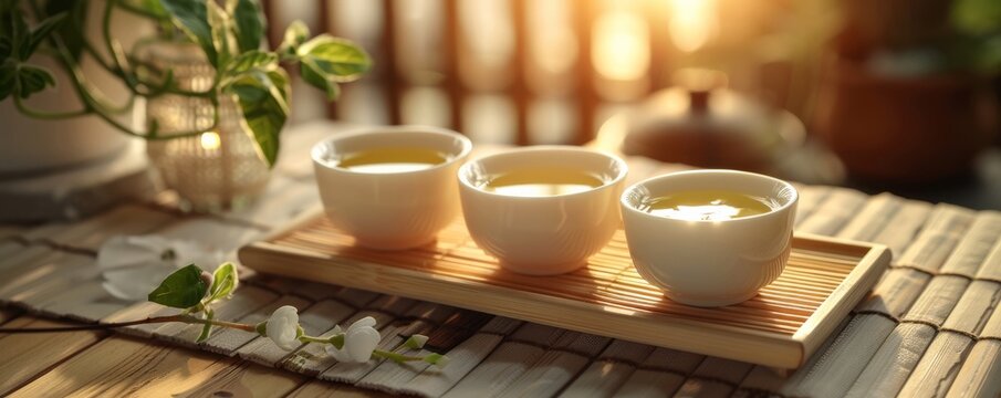 Tranquil morning tea setup outdoor with three teacups on a wooden tray, surrounding greenery, and soft sunlight for a cozy experience.