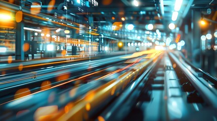 Dynamic motion blur of an industrial factory with glowing lights, showcasing futuristic technology and high-speed automated production lines.