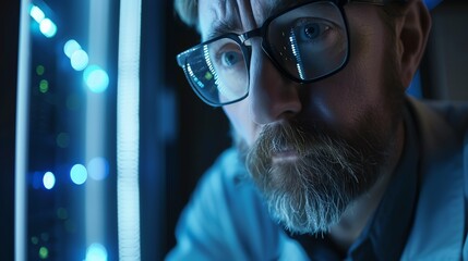 Focused engineer with glasses working in a dimly lit server room, reflecting on data management and technology infrastructure.