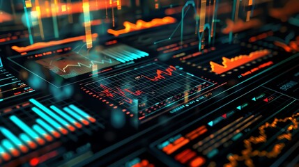 Fototapeta premium Futuristic data visualization. Digital business analytics concept with glowing lines and graphs on dark background.