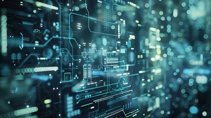 Obraz premium Futuristic digital circuit technology concept with glowing lines and dots representing data flow and communication in a virtual network.