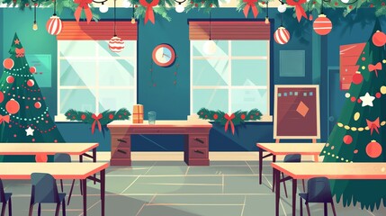 Festively decorated classroom with Christmas trees, ornaments, and holiday decorations, creating a cheerful atmosphere.