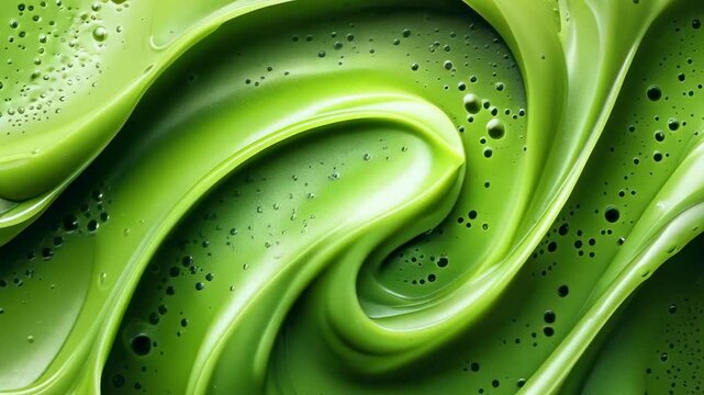 A close-up of bright green slime with bubbles showcases swirling patterns, captured in natural light. The texture appears smooth yet bubbly, evoking a playful and vibrant mood.