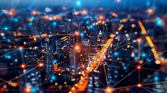 Futuristic cityscape with glowing network connections representing smart city technology and data communication.