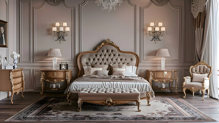 Luxury Bedroom Interior: A beautifully decorated bedroom with a plush bed, stylish furniture, and elegant decor. The setting should be inviting and luxurious.


