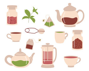 Set of different teas. Green, black, red tea in Glass cups and teapots of various shapes