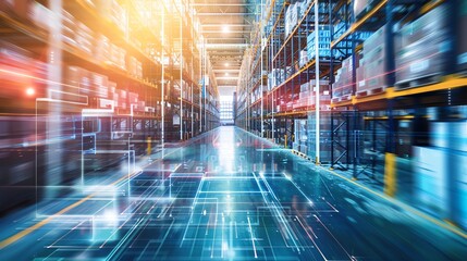Futuristic warehouse with digital overlay, symbolizing advanced logistics and technology integration in modern supply chain management.