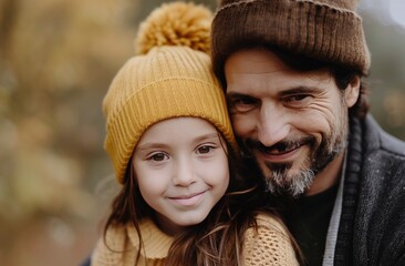 Fototapeta premium Father and Daughter Smiling in Autumn Woods