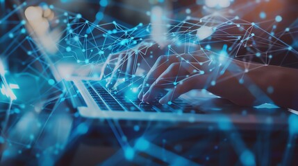 Hands typing on a laptop keyboard with a digital network overlay, illustrating communication, technology, and connection concepts.