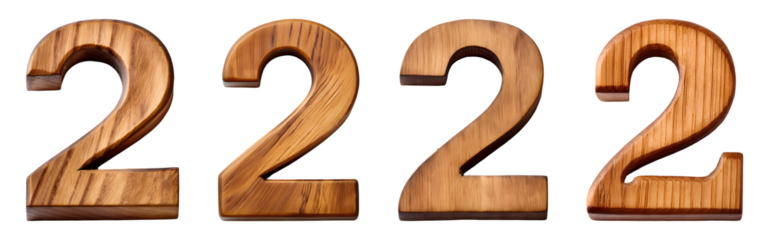 Wooden number 2 Isolated transparent background, PNG set