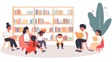 Illustration of children and adults enjoying storytime in a cozy library setting, surrounded by books and engaging in reading activities.