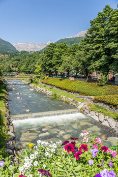 View at the La Sallanche river in Sallanches town, France