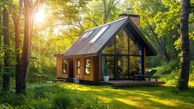 Modern tiny house with  windows in a lush forest, sunlight filtering through trees