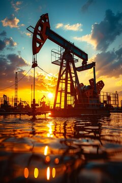 Petroleum extraction pump jack in operation within a vast and expansive oil field setting