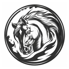 Black and white illustration of a horse's head in a circular frame with flowing detail and dynamic design.