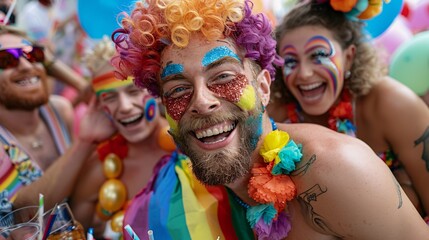 Obraz premium 3. A group of LGBTQ+ friends celebrating pride together, dressed in colorful, festive attire, with face paint and glitter, enjoying a picnic in a lively urban park, with rainbow decorations and
