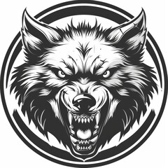 Fierce and detailed black and white illustration of a snarling wolf head within a circular frame.
