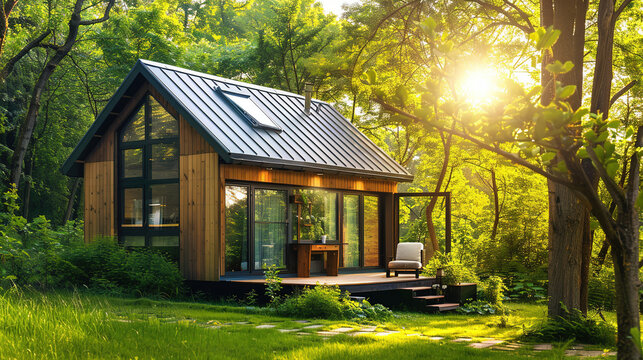 Cozy tiny house with large windows in a lush green forest