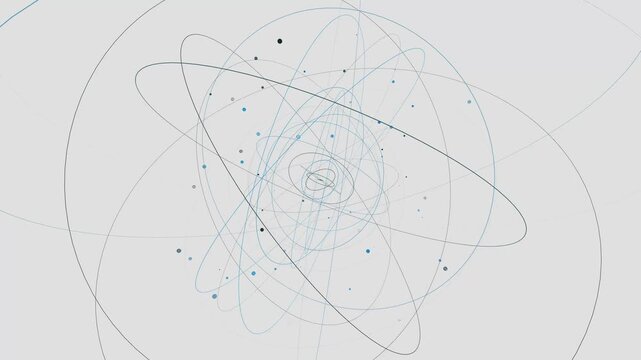 Abstract Spiral Particle Trajectories on Light Background. Numerous interconnected circular paths, suggesting a complex and dynamic system of movement, inspired by scientific or mathematical models