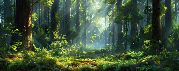 Obraz premium Sunlight filters through dense trees in a lush, vibrant forest. Green foliage and tranquil nature create a serene woodland scene.