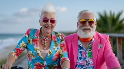 2. A fashionable elderly couple riding electric scooters along a scenic beachfront boardwalk, their smiles reflecting joy and adventure