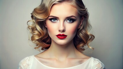 Flawless porcelain doll-like complexion and subtle makeup hues on a soft focus, elegant, high-contrast white background portrait setting.