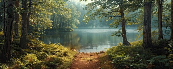 Tranquil forest path leading to a serene lake with sunlight filtering through the trees, perfect for nature enthusiasts and outdoor adventures.