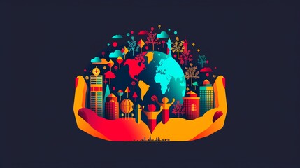 Global humanitarian aid, hands helping around the world, flat design illustration