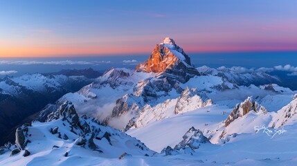 Obraz premium 4. Panoramic view of a snow-capped mountain range, with rugged peaks casting long shadows on the snowy landscape below, and a clear sky transitioning from blue to a soft gradient of pink and purple