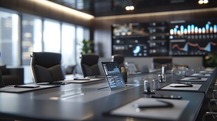 Modern office meeting room with a long table, laptops, and various charts displayed on screens in the background.