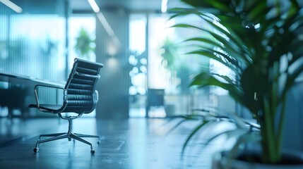 Modern office space with an empty chair and indoor plants, highlighting a serene and productive work environment.