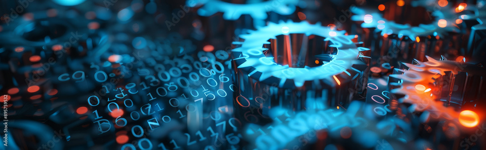 Wall mural Digital Gears and Binary Code: The Future of Technology - The image depicts a network of blue glowing gears interlocked with each other, symbolizing a complex system, connectivity, innovation, progres