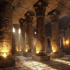 Ancient Egyptian temple with hieroglyphs, sandstone pillars, mystical lightingHighly details , 8K