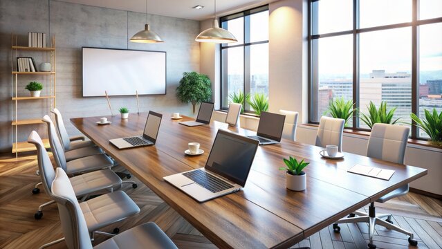A modern, sleek, and minimalist conference room table setup with laptops, notes, and a whiteboard, conveying unity and collaboration.
