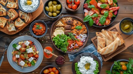 Vibrant selection of mediterranean cuisine is presented on a rustic wooden table, featuring fresh salads, grilled meats, dips, and bread.