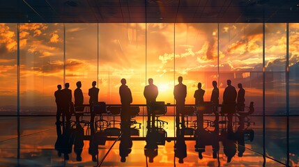 Silhouettes of business people in a conference room with a stunning sunset view, symbolizing teamwork and corporate harmony.