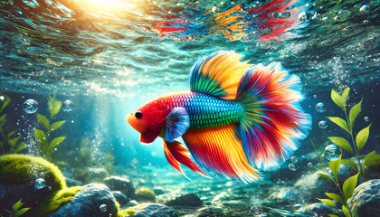 Vibrant Betta Fish: Colorful Betta Swimming in Sunlit Underwater Scene