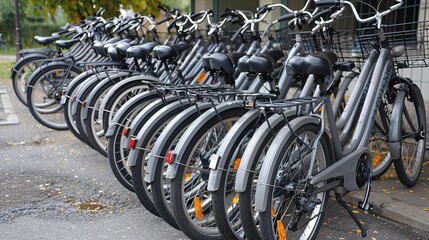 Bicycles lined up in a Parisian bicycle rental station, ready for use, with a picturesque urban backdrop.
