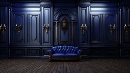 Room with Royal blue and peach curtains